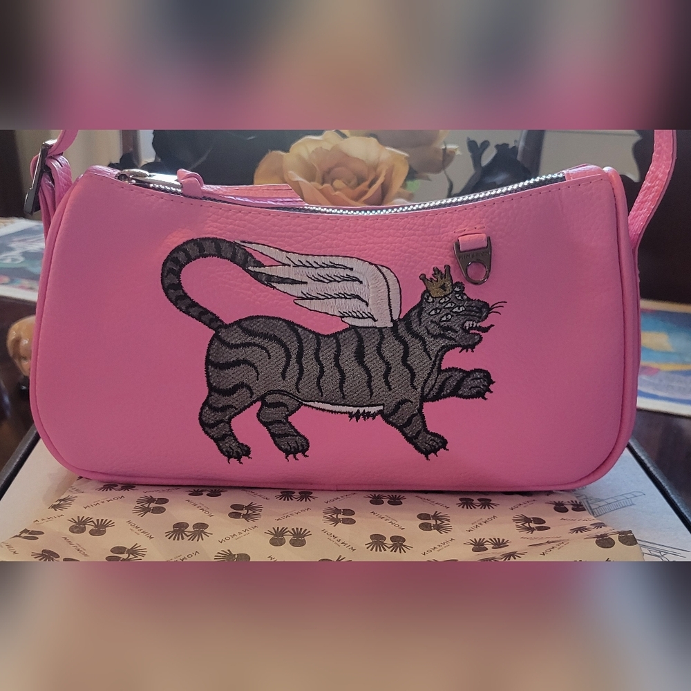 Min & Mon Pink Shoulder Bag with Winged Tiger Design